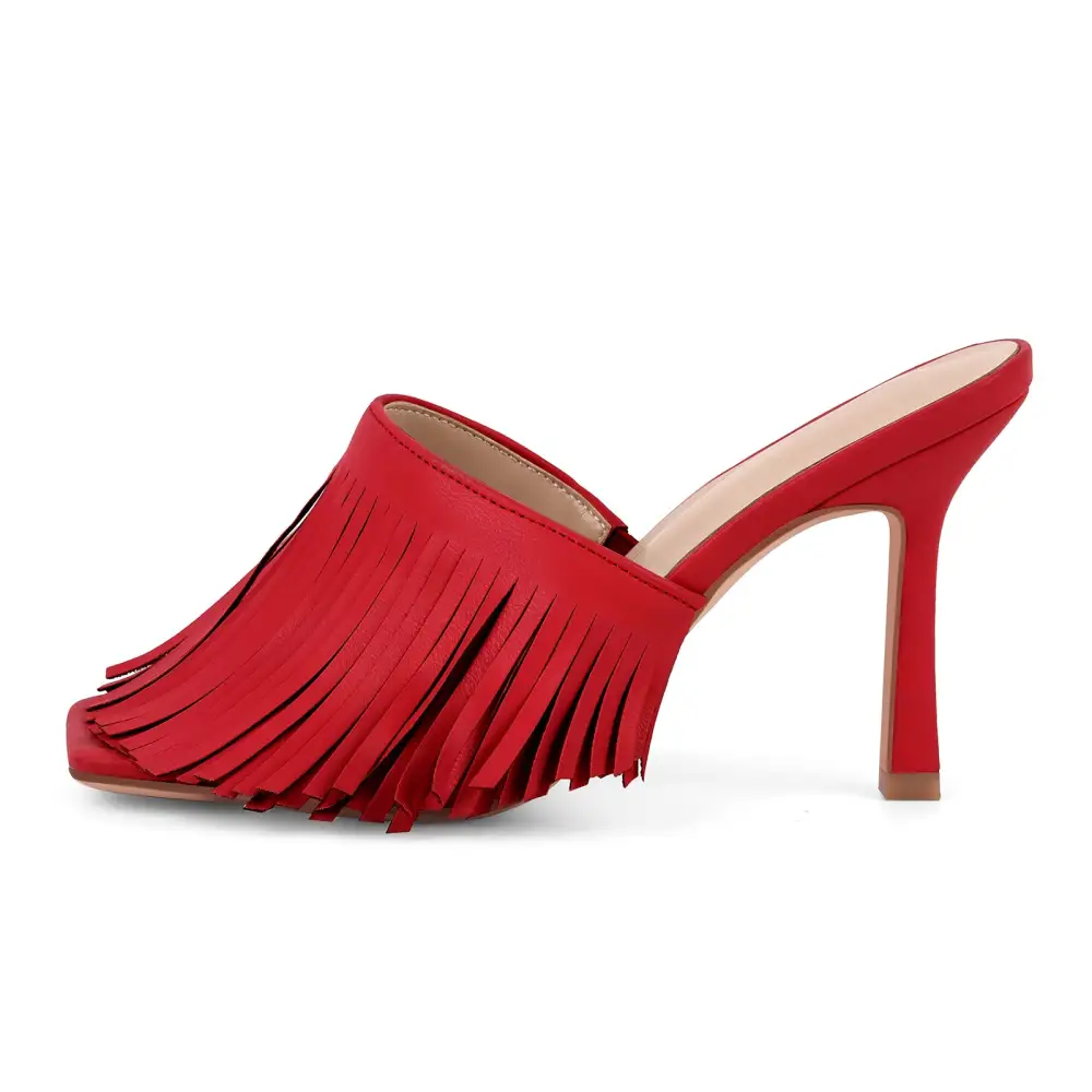 Square Toe Fringe Stiletto Mule Sandals