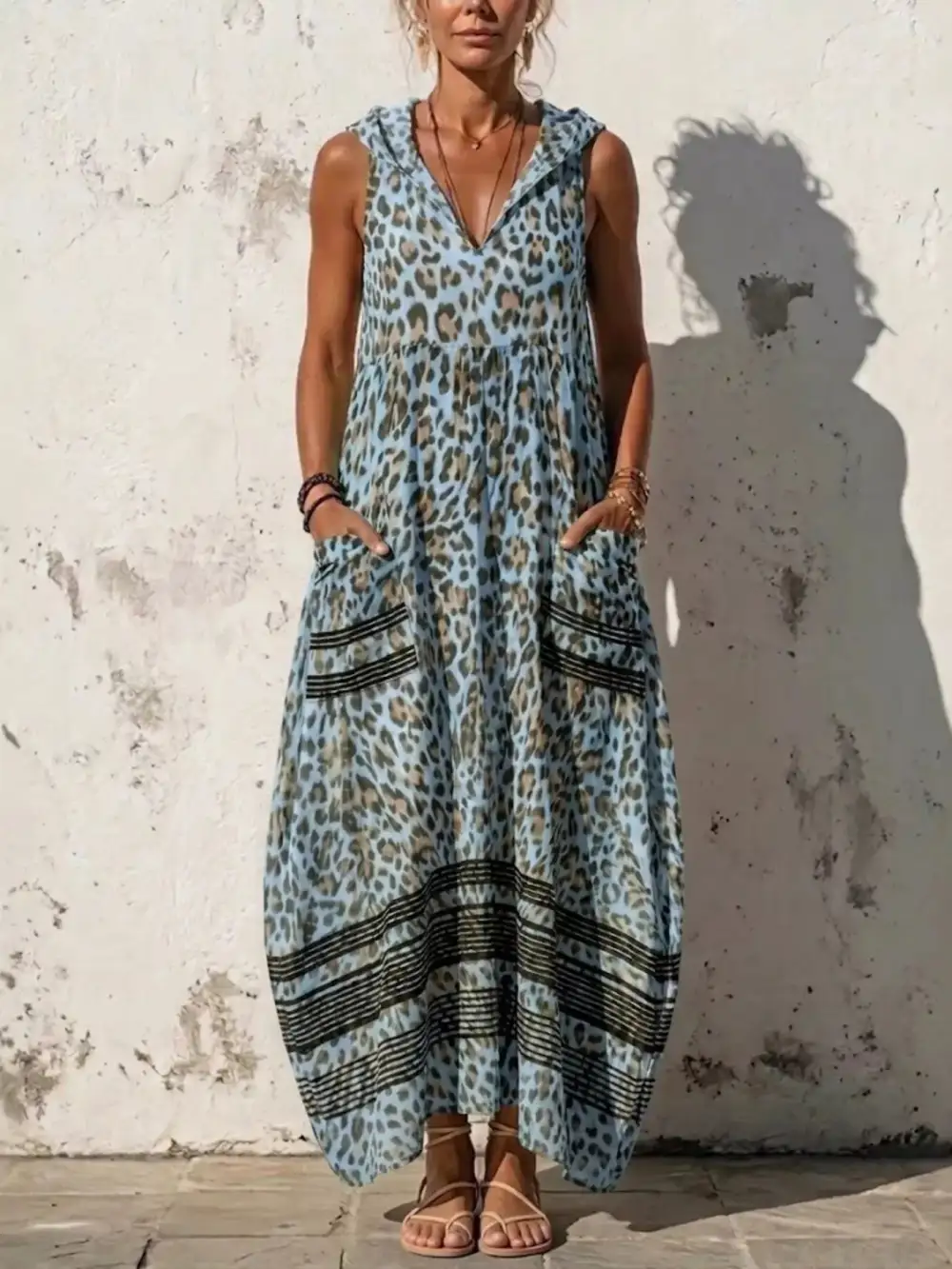 Sleeveless Hooded Leopard Print Maxi Dress With Pockets