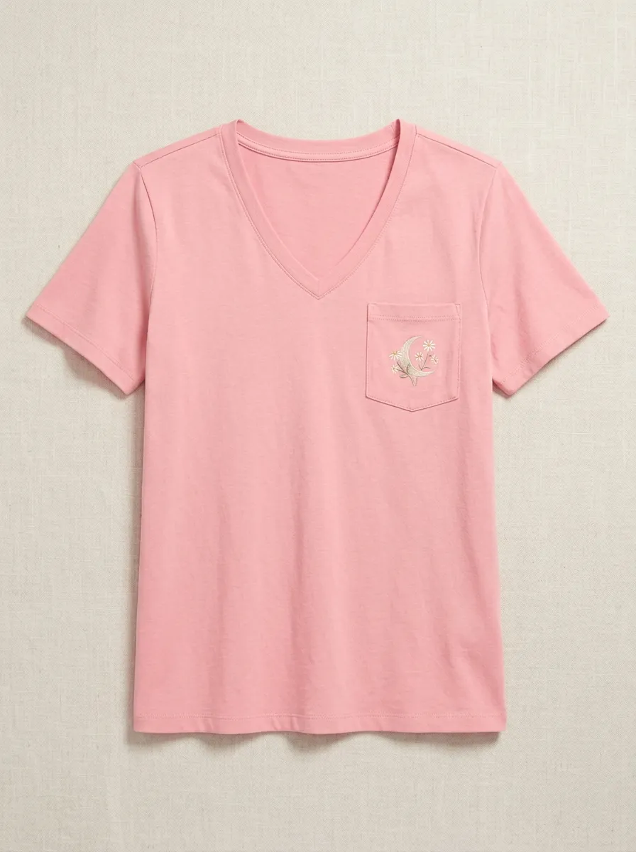 Women's Celestial Moon & Daisy Embroidered Pocket V-Neck T-Shirt