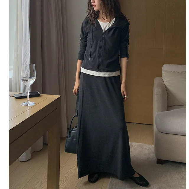 Casual Hoodie And Drawstring Skirt Two-Piece Set