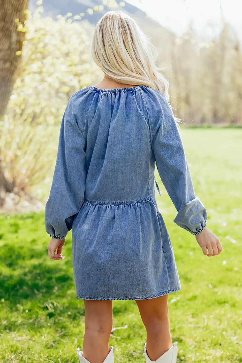 Denim V Neck Ruffle Mini Dress