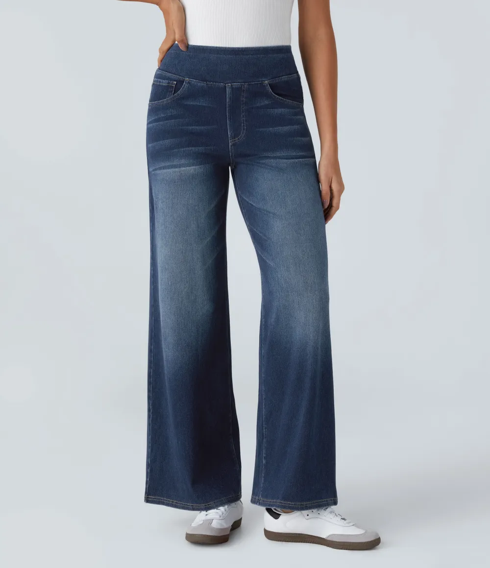2026🔥  High Waisted Multiple Pockets Baggy Wide Leg Washed Stretchy Knit Casual Jeans
