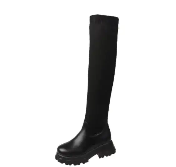 Mesh Round-Toe Square-Heel Knee-High Boots
