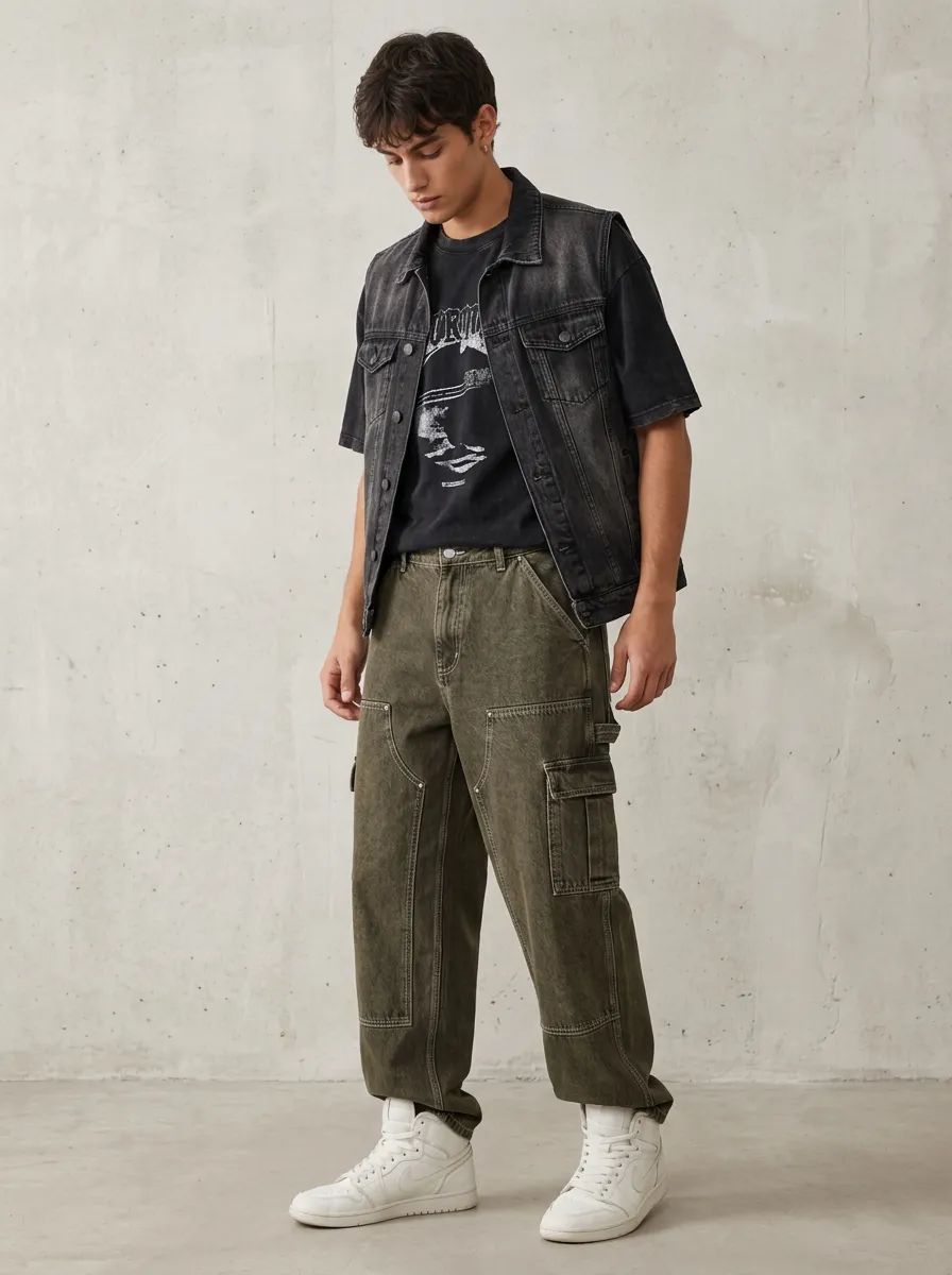 Men's Vintage Washed Olive Cargo Denim Jeans