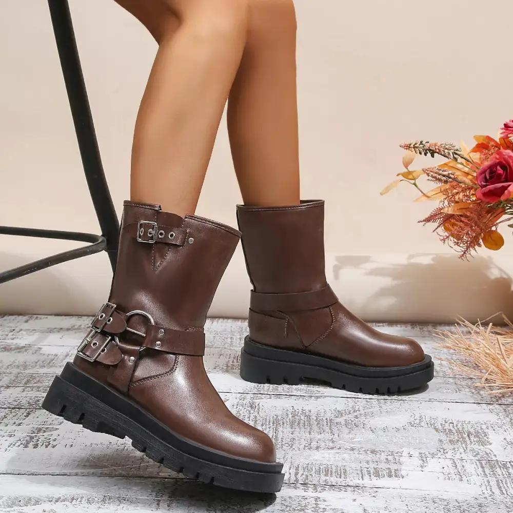 Knit Round Toe Block Heels Boots