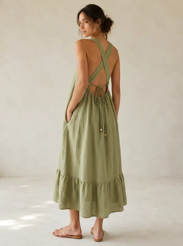 Women's Weekend-Ready Casual Crisscross-Back Linen Backless Dress