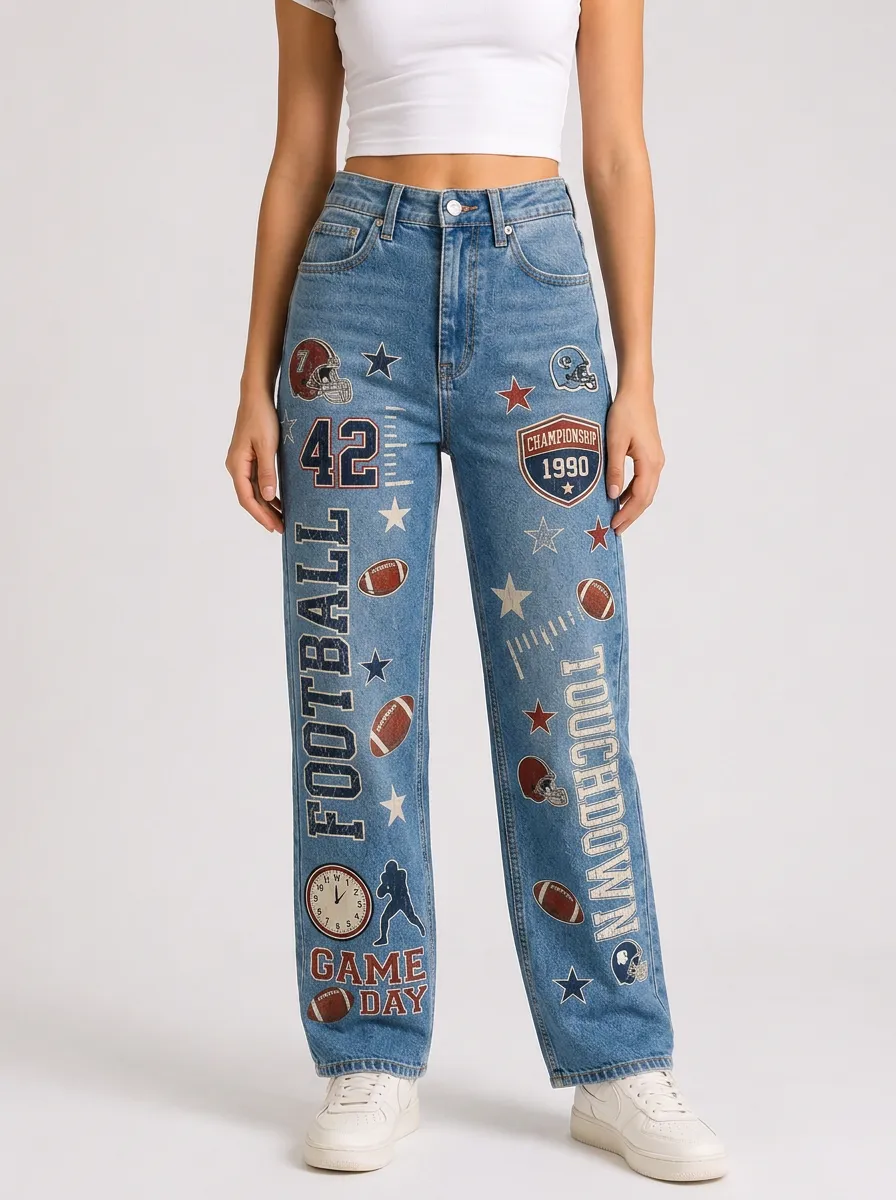 Women's Football Fan Helmet Star Printed Denim Jeans