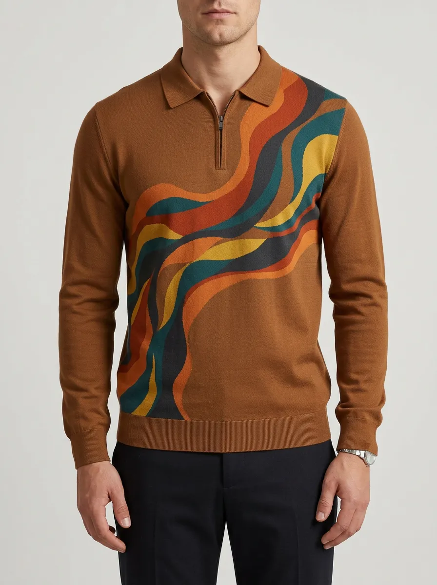 Men's Retro Abstract Wave Pattern Printed Long Sleeve Polo Shirt