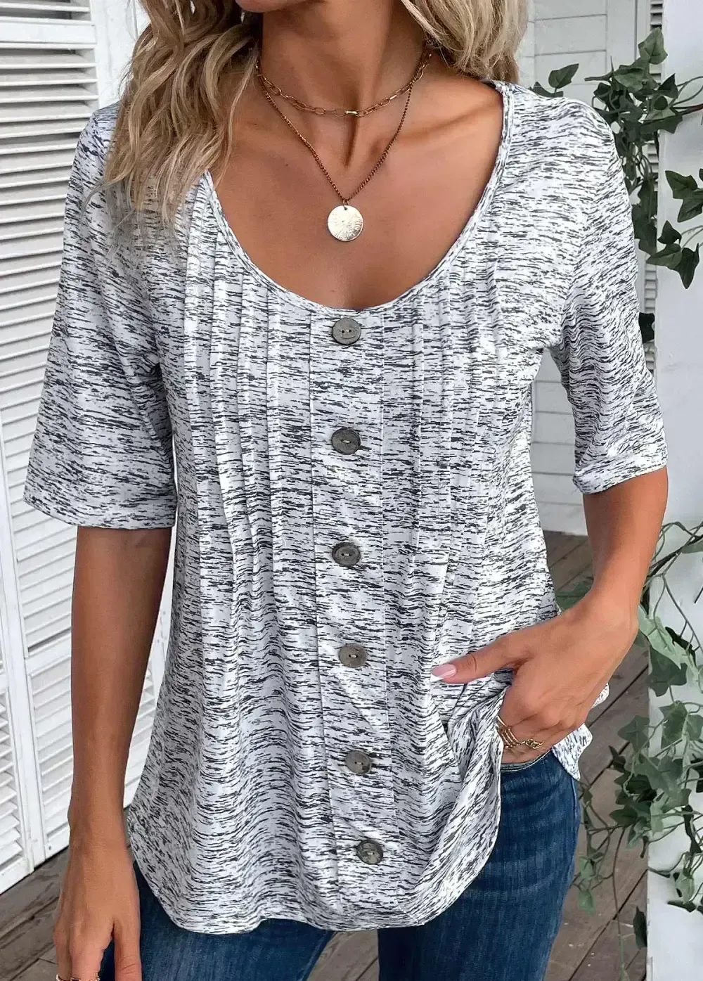 Light Grey Marl Button Half Sleeve T Shirt