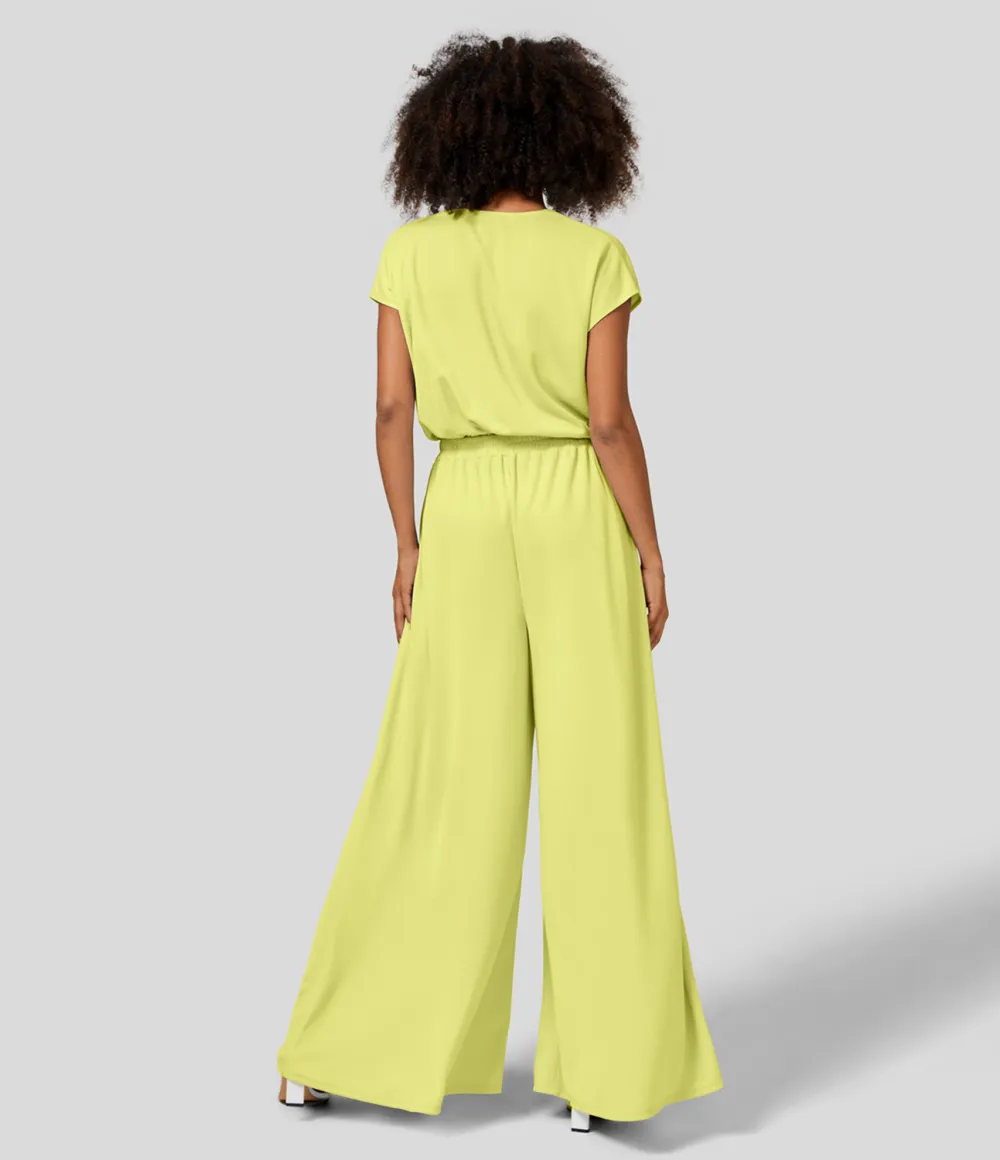 V Neck Short Sleeve Plicated Side Pocket Wide Leg Flowy Waffle Casual Jumpsuit