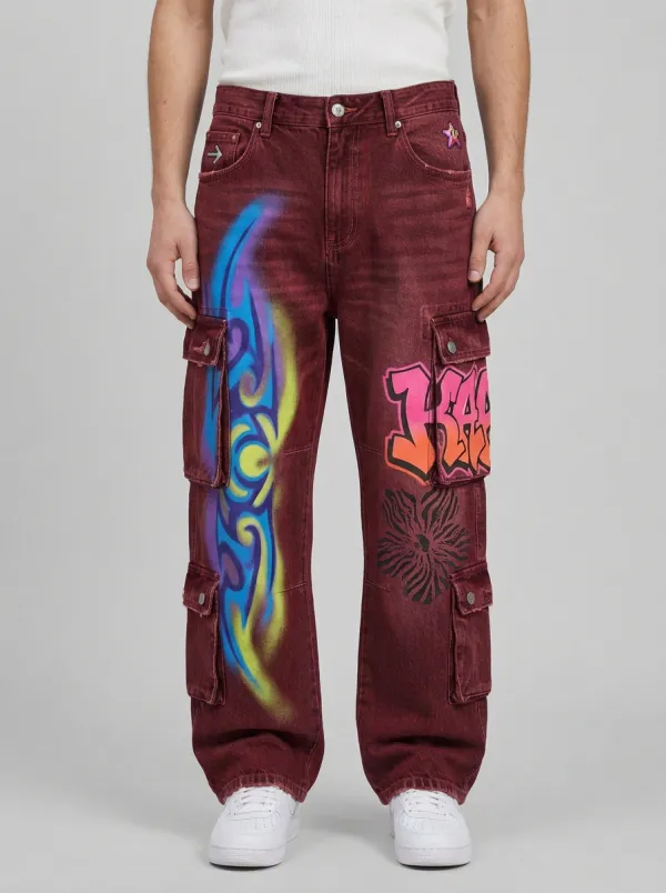 Men's Graffiti Tribal Print Denim Cargo Jeans