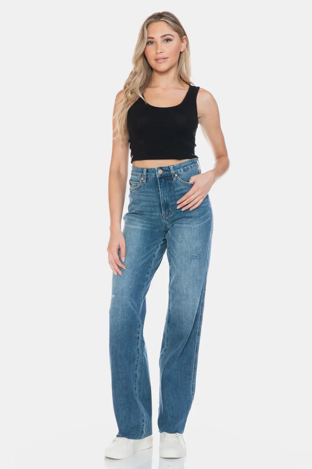 Tummy Control Cut Raw Hem Straight Denim Jeans