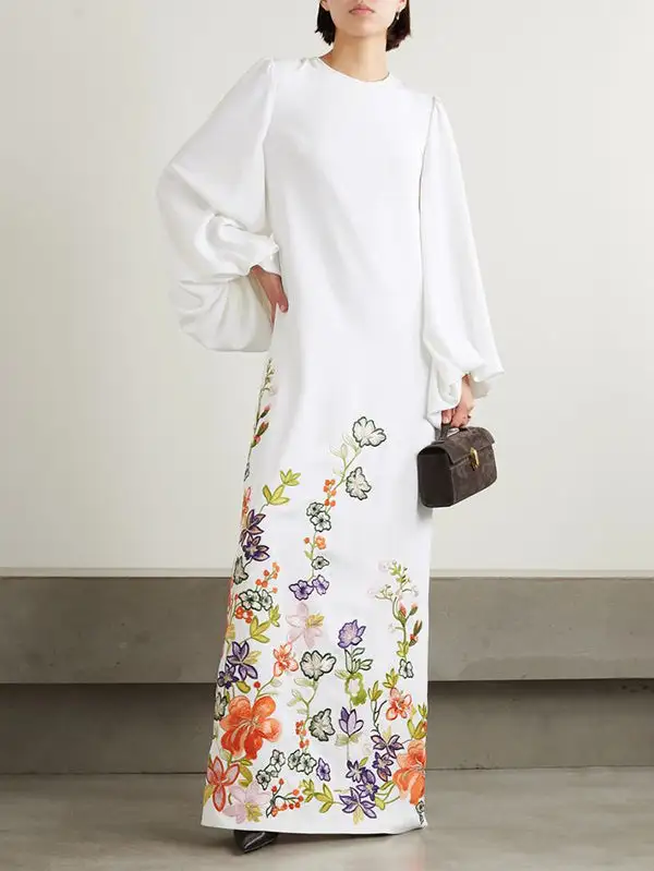 Sleeves Flower Long Neck Maxi Dress