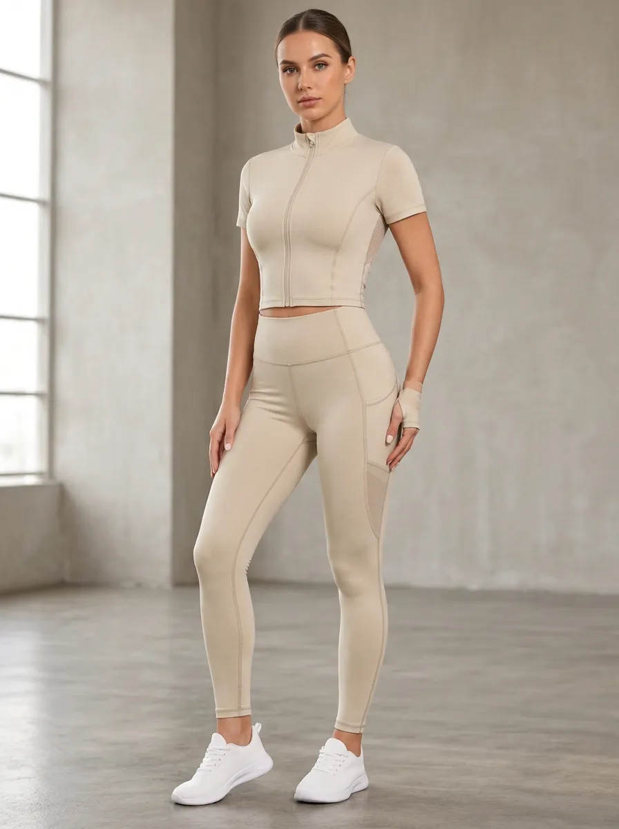 Women's High Waist Crop Top Zip Front Leggings Set