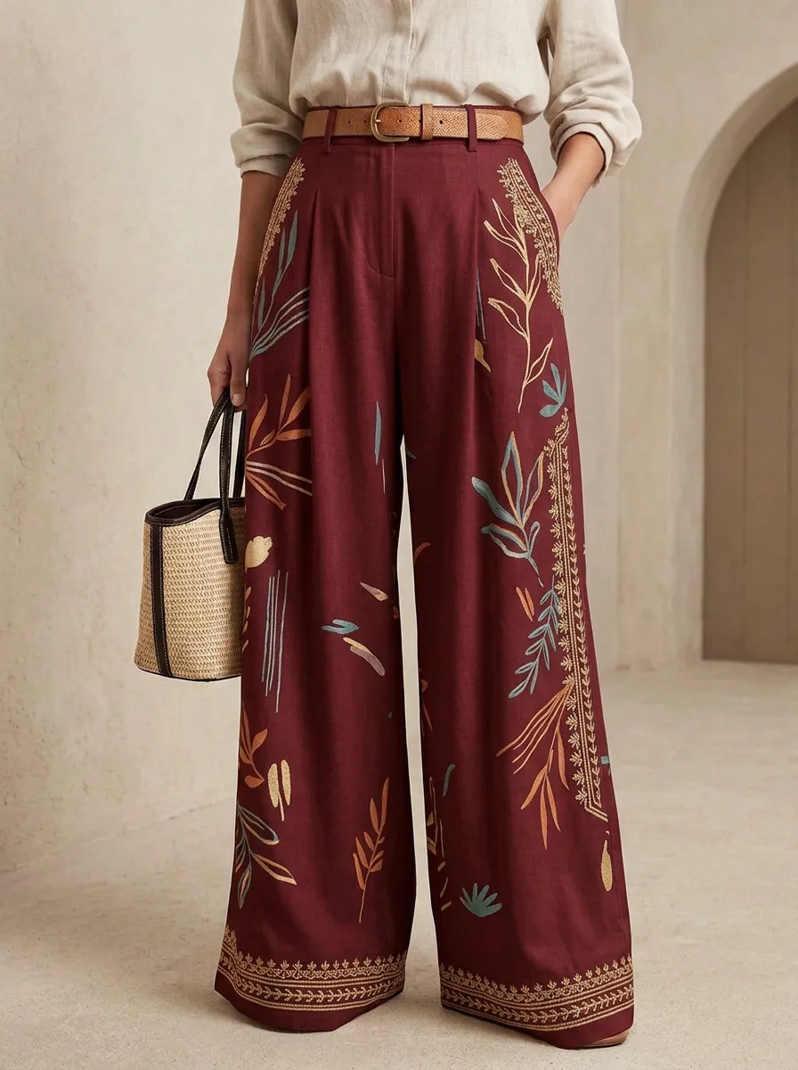 Women's Off-White Botanical Print High-Waisted Wide-Leg Trousers