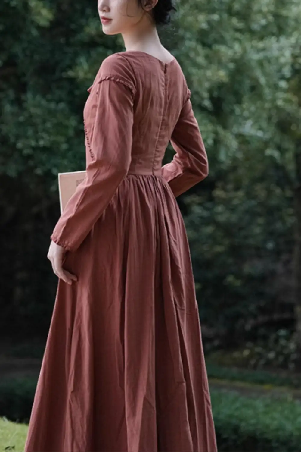 Linen Cotton Ruffle Long Sleeve Midi Dress
