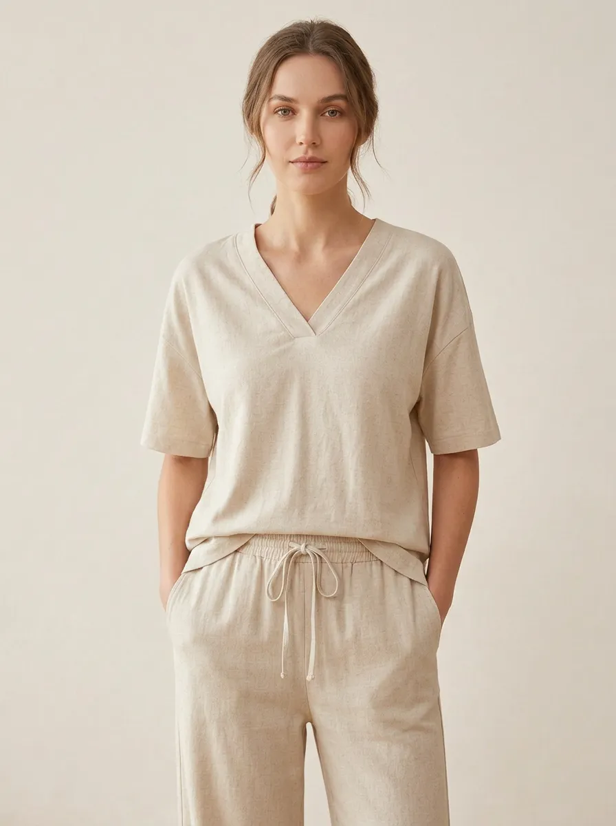 Short-Sleeve Linen-Blend Women's V-Neck Casual Lounge Set