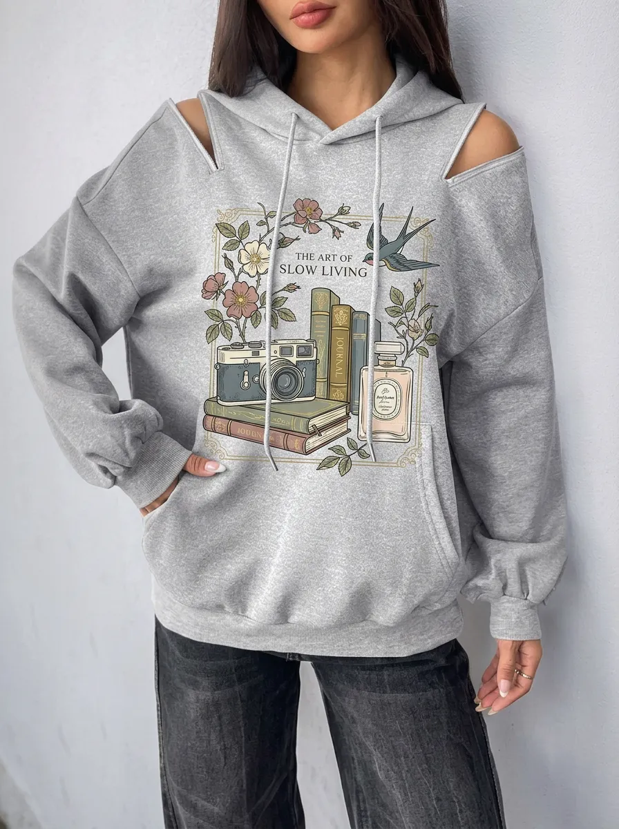 Women's Slow Living Book Camera Floral Printed Cold Shoulder Hoodie