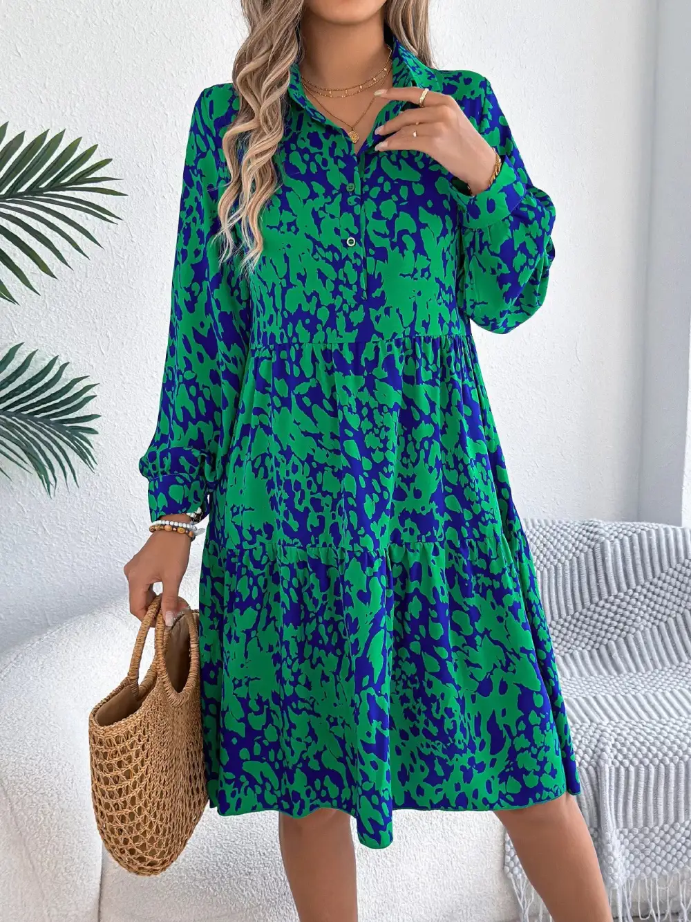 Printed Long Sleeve Collared Dress Casual