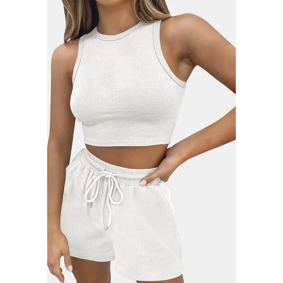 Relaxed Round Neck Top and Drawstring Shorts Set