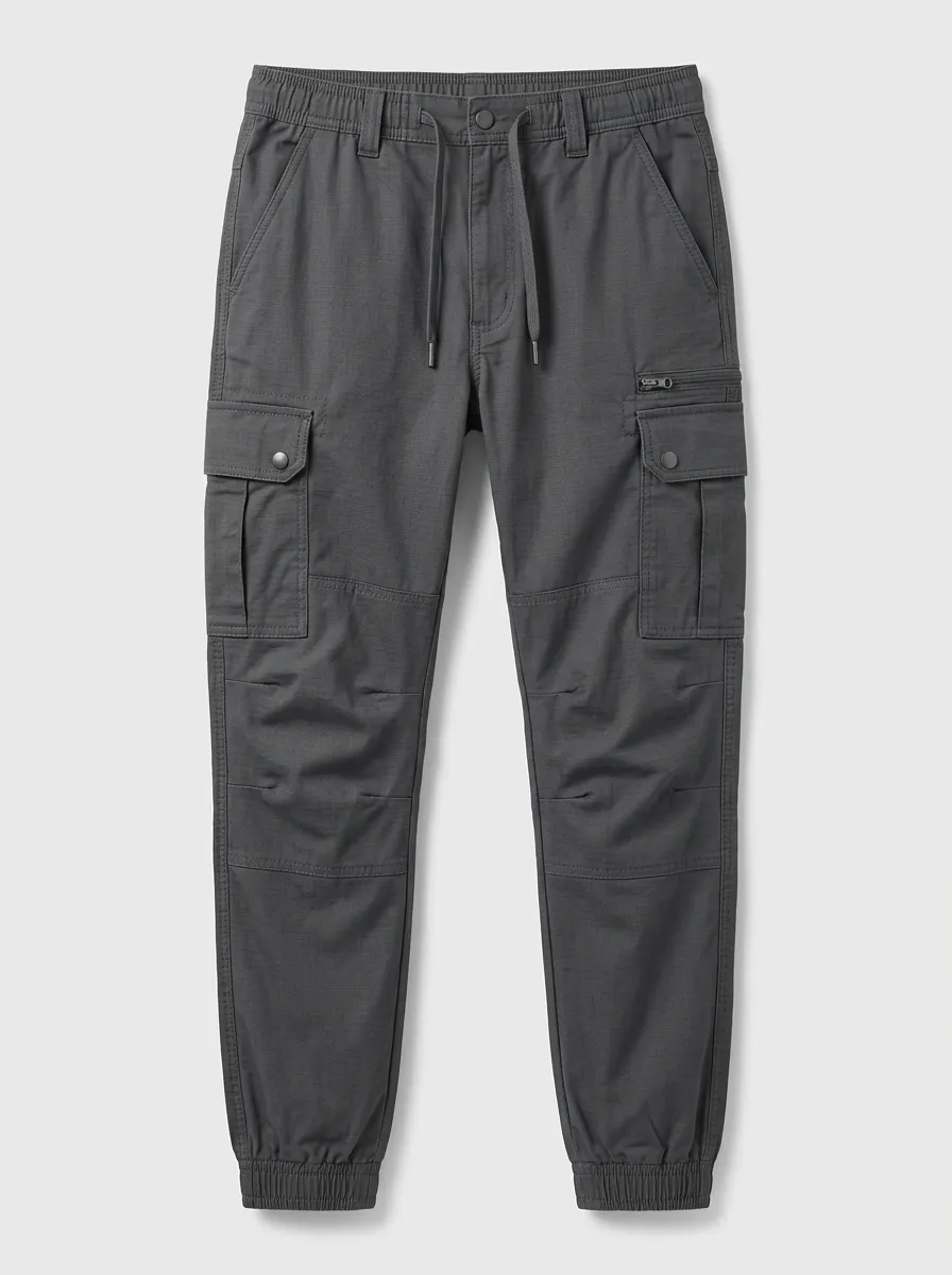 Men's Ribbed-Cuff Reinforced-Knee Drawstring Cargo Joggers