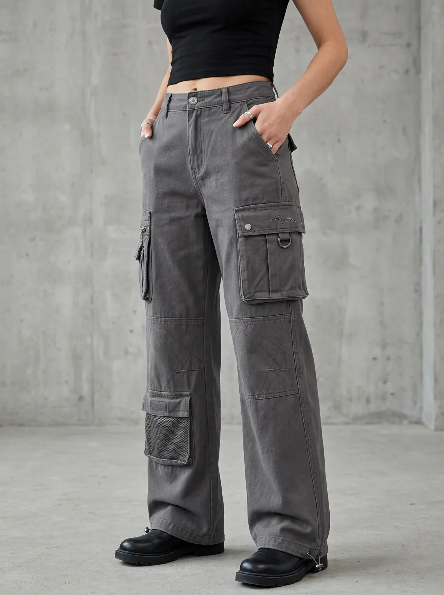 Minimal Mesh Detail Multi Pocket Set Women's Multi Pocket Cargo Pants