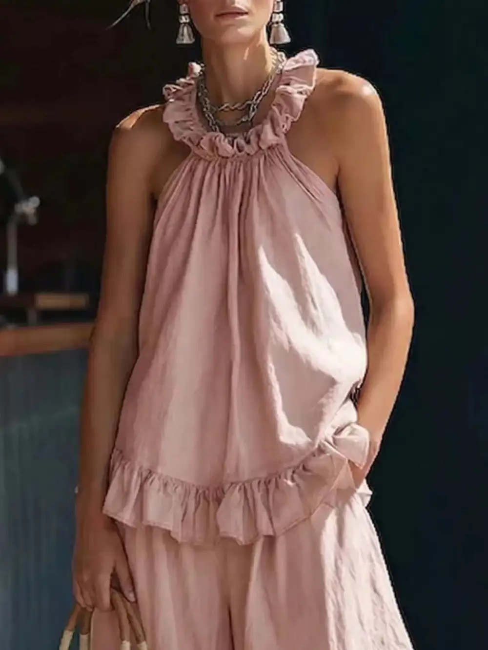 Full Size Ruffled Halter Neck Top and Wide Leg