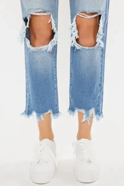 High Waist Chewed Up Straight Mom Denim Jeans