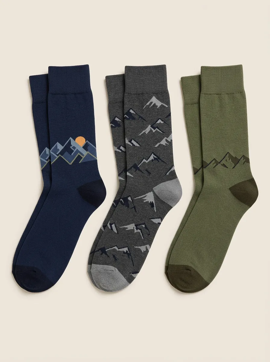 Men's 3-Pair Hiking Mountain Graphic Crew Sock Set