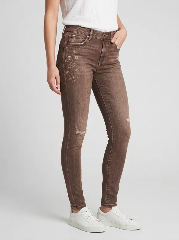Women's Willow Floral Embroidery Distressed Printed Slim Jeans