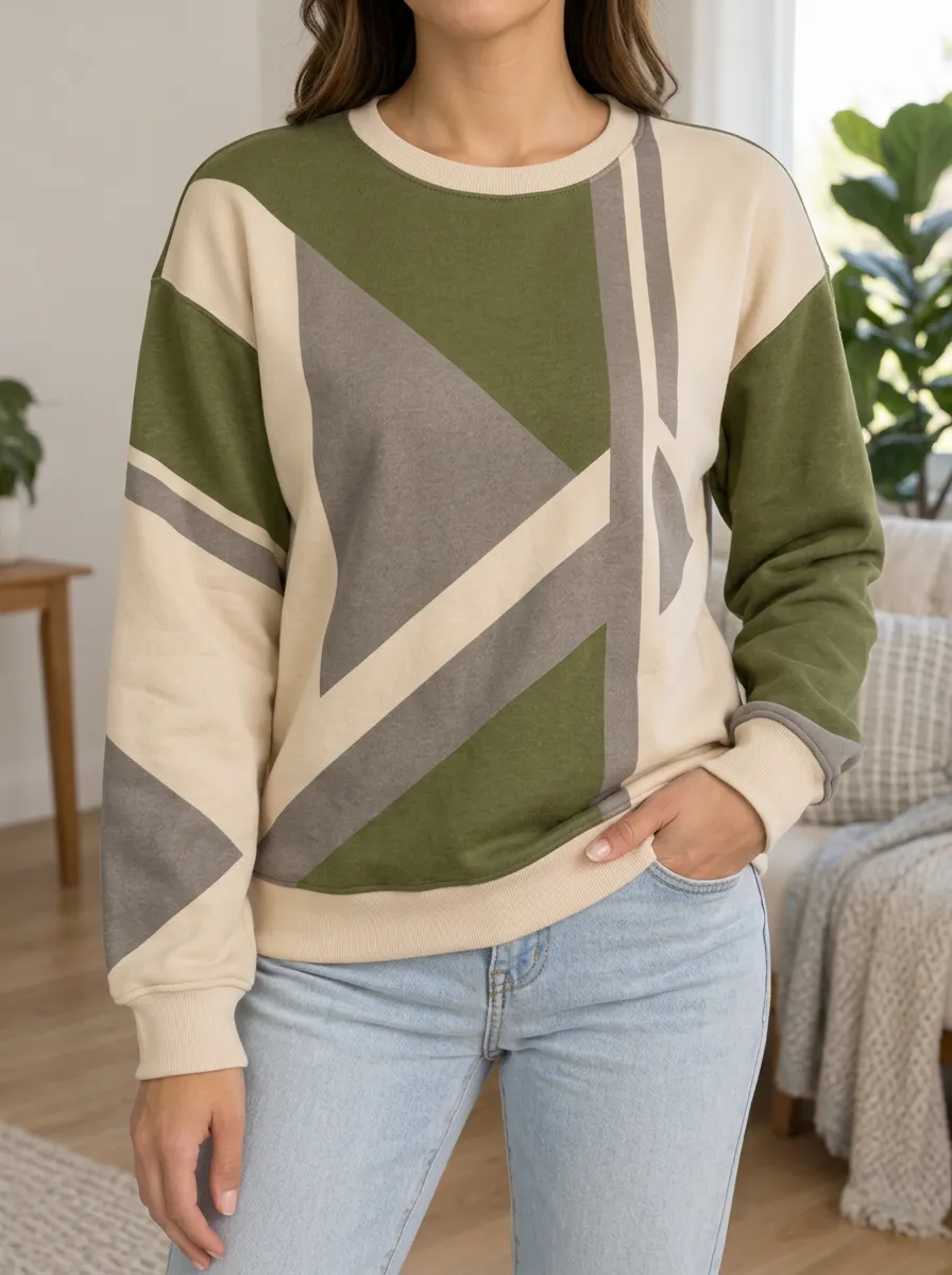Women's Olive and Geometric Colorblock Sweatshirt