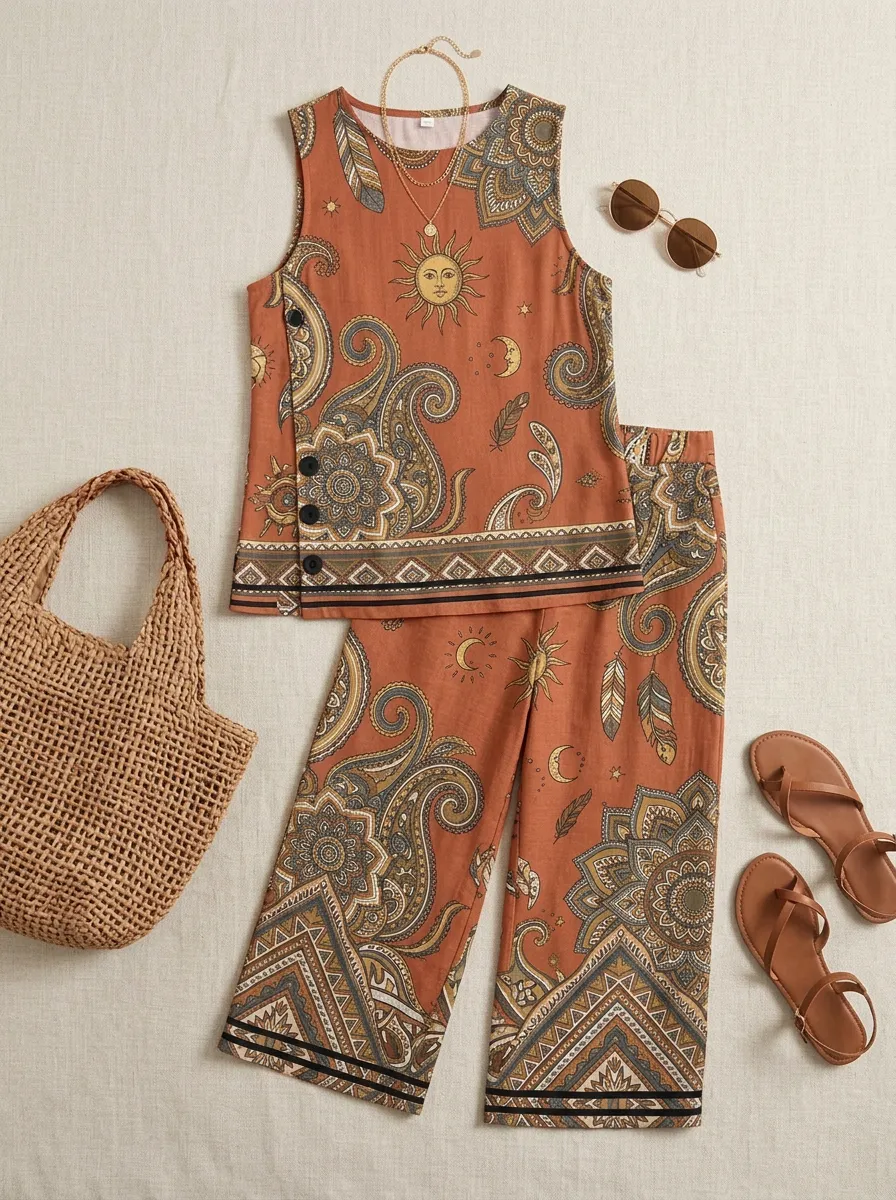 Women's Bohemian Sun Moon Paisley Printed Sleeveless Set
