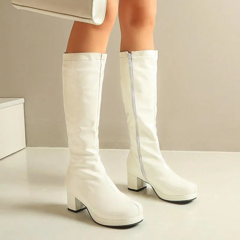 PU Patent Bling Chunky Block-Heel Tall Boots
