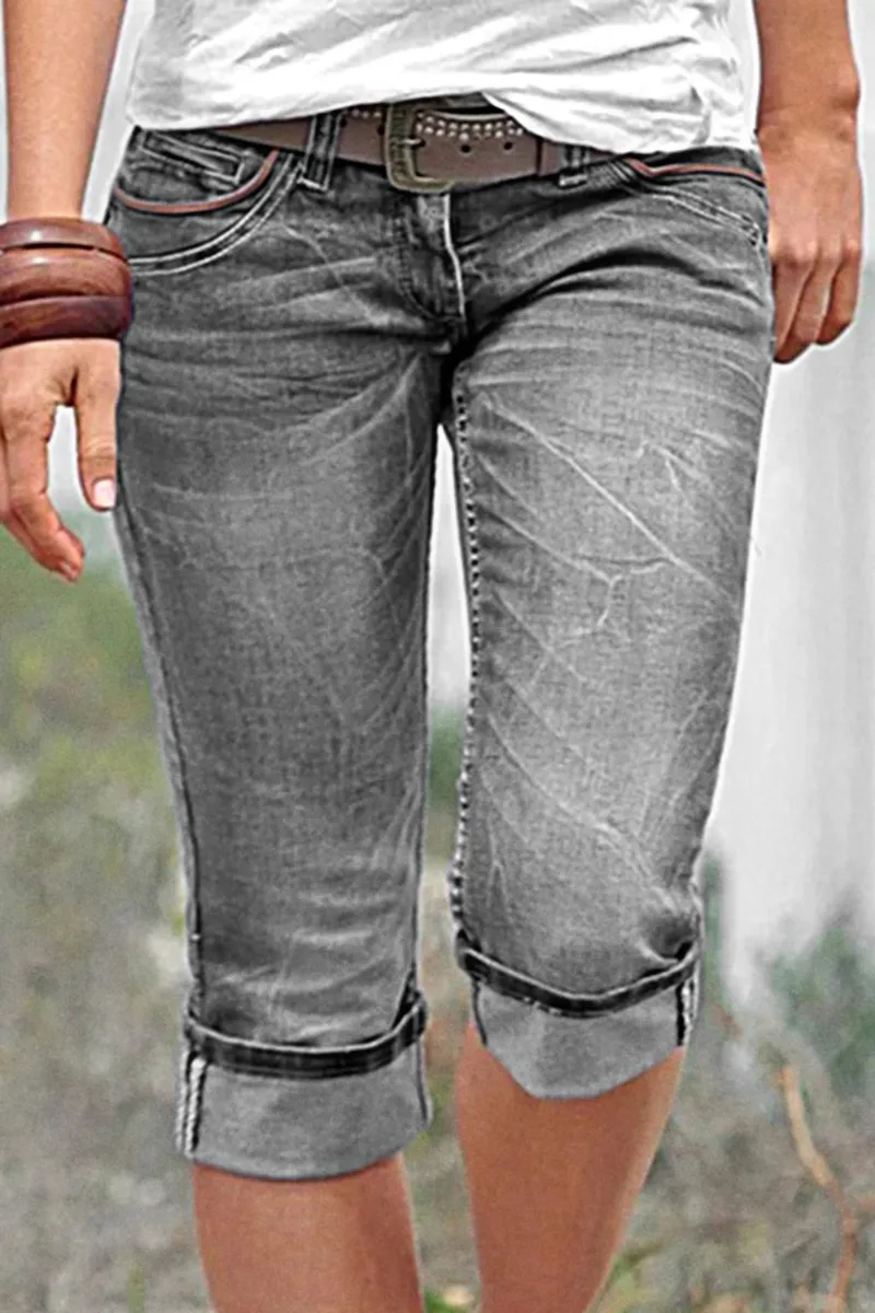 Cuffed Hem Low Rise Bermuda Denim Shorts Without Belt