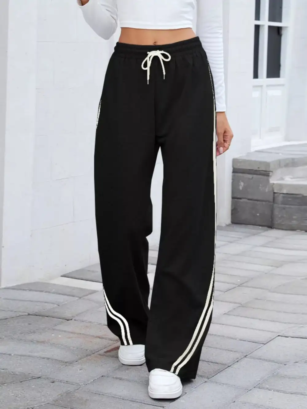 Wide Leg Striped Drawstring Everyday Pants