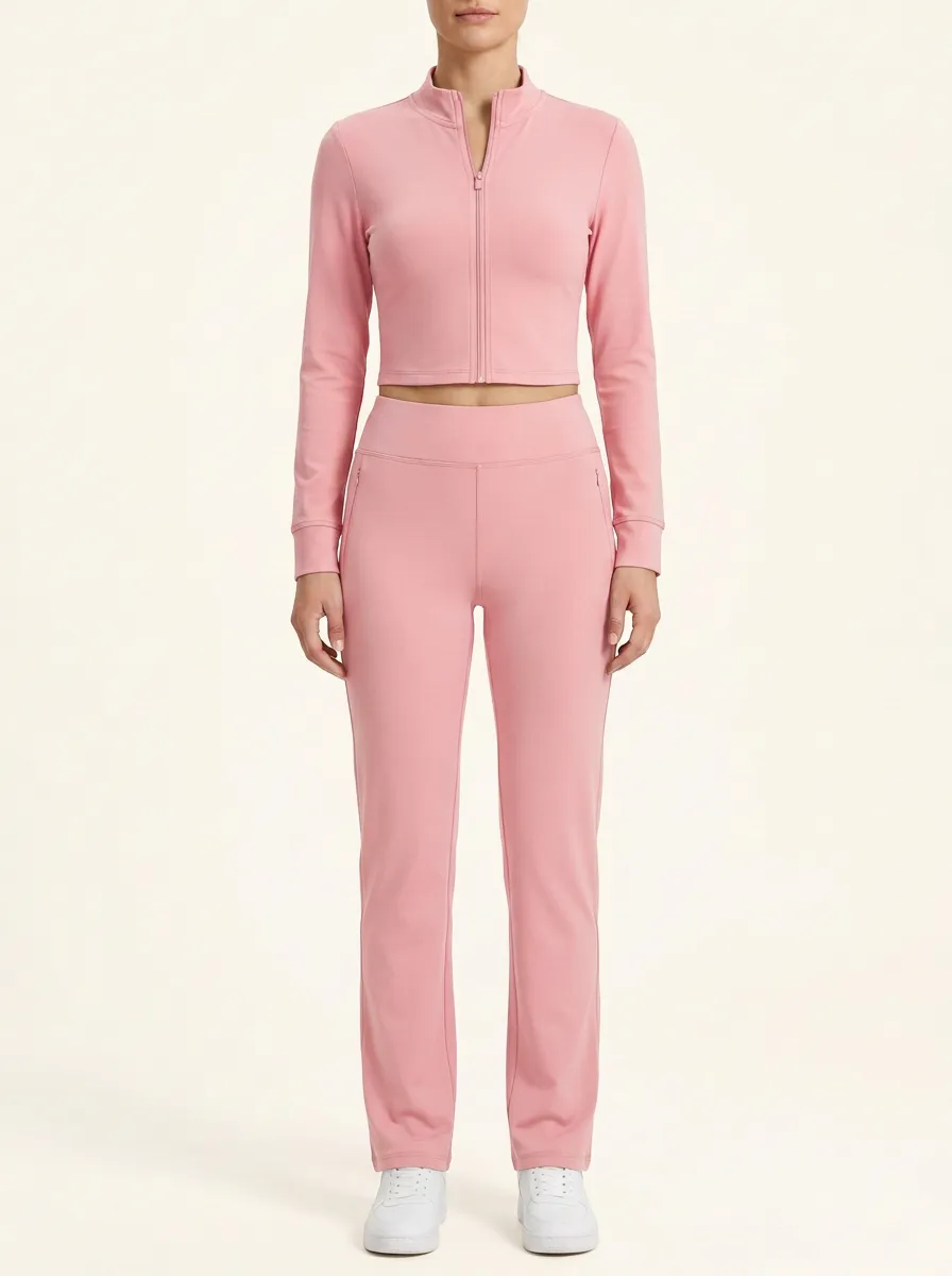 Women's Mock-Neck Zip-Up Cropped Jacket and Zip-Pocket Straight-Leg Pant Set