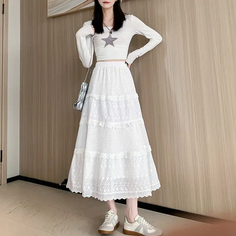 Streamlined Lace Pleated High Waist A-Line Midi Skirt