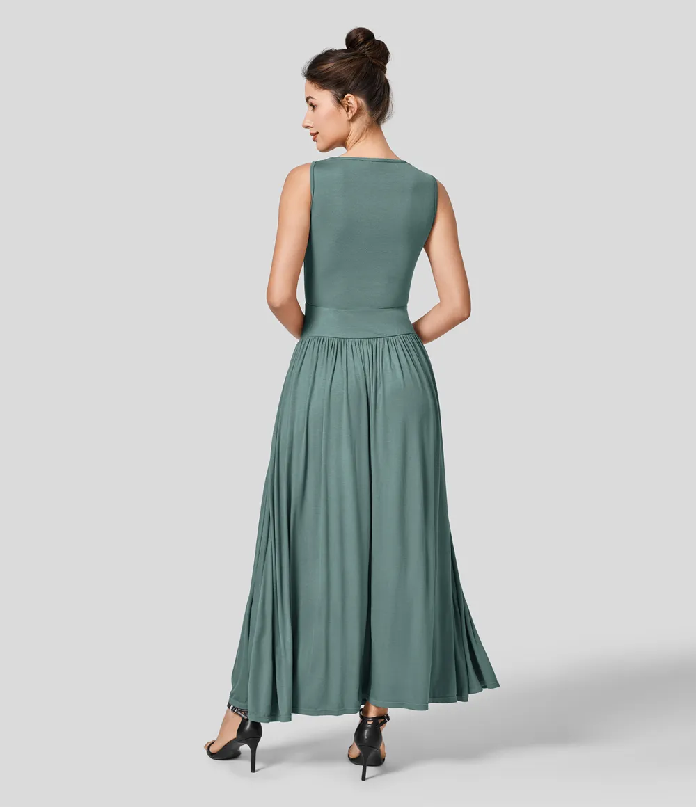 Ribbed Boat Neck Ruched Side Pocket Flowy Maxi Casual Dress