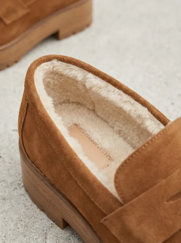 Women's Classic Faux Fur Lined Platform Suede Wood Sole Loafers
