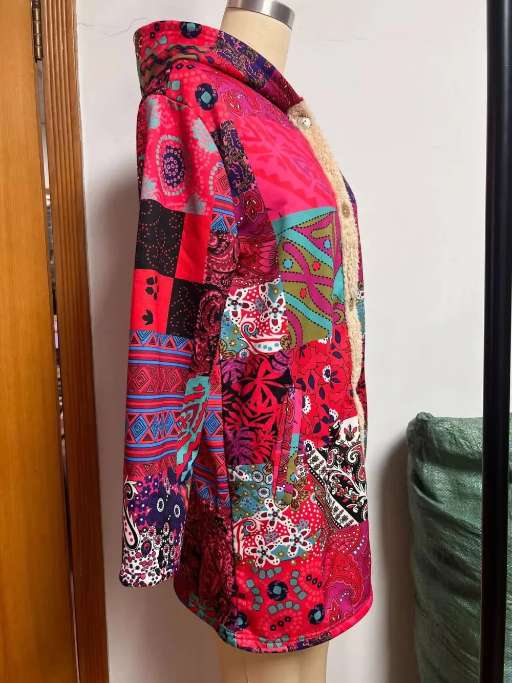 Bohemian Patchwork Fleece Lined Hooded Outerwear
