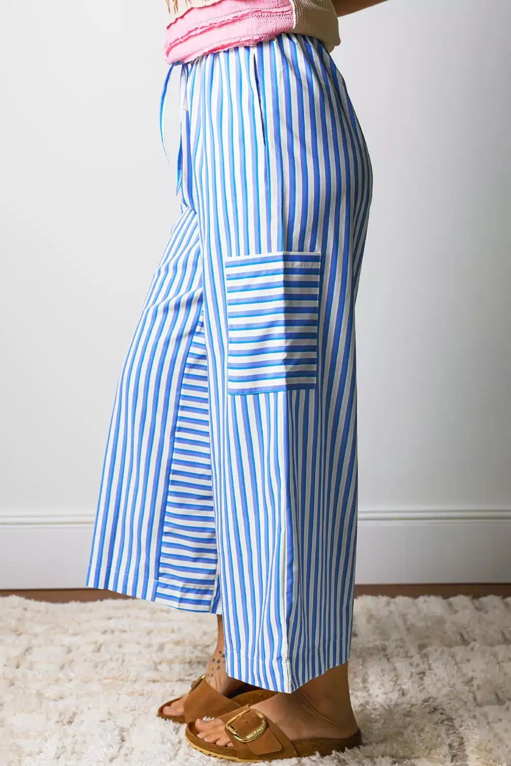 Stripe Drawstring Elastic Waist Patch Pocket Wide Leg Ankle