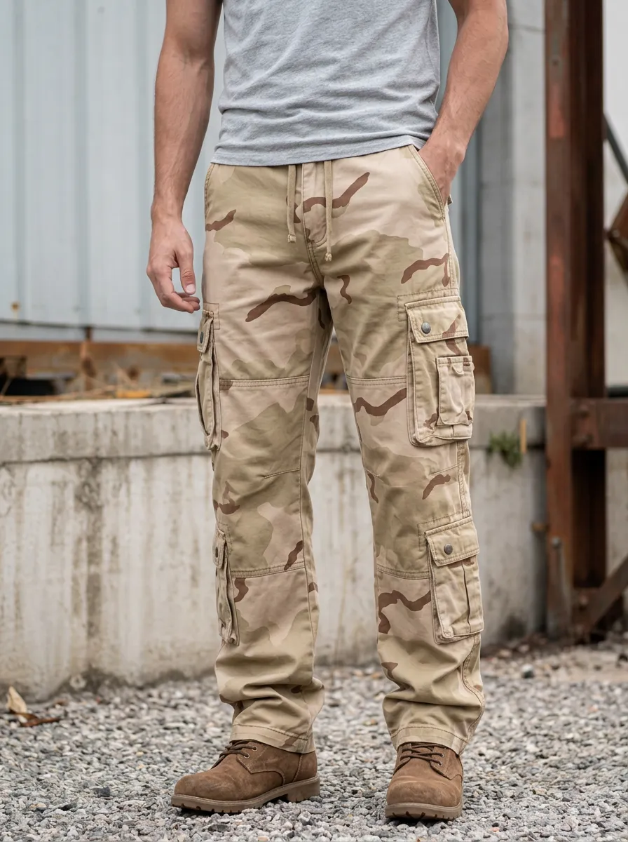 Men's Desert Camo Multi-Pocket Drawstring Waist Cargo Pants