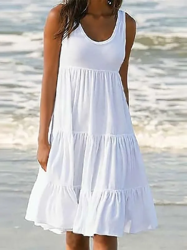 Women's White Dress Sundress Midi Dress Black And White Light Pink Green Sleeveless Pure Color Ruched Spring Summer Crew Neck Basic Boom Sale Dress S M L XL XXL 3XL 4XL 5XL