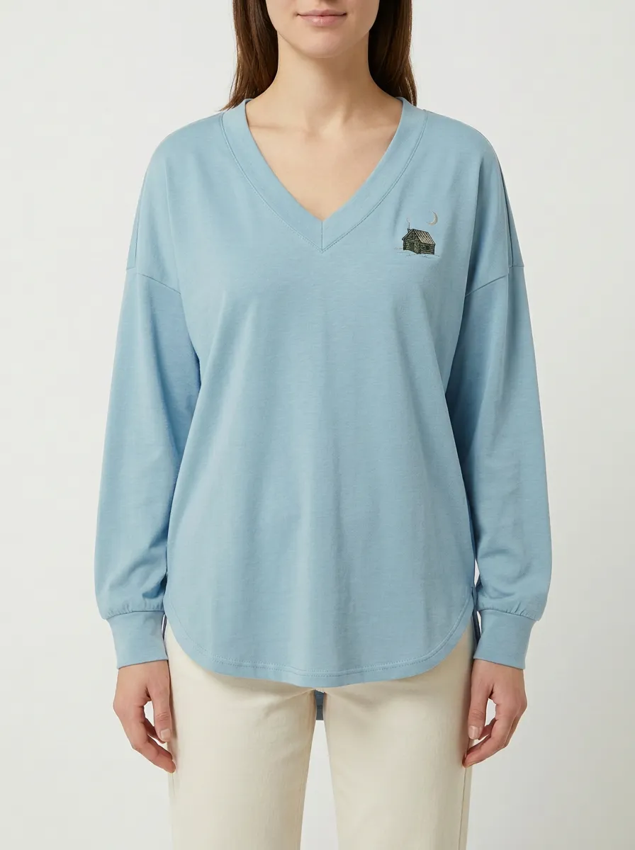Women's Moon Embroidered V-Neck Long-Sleeve Top