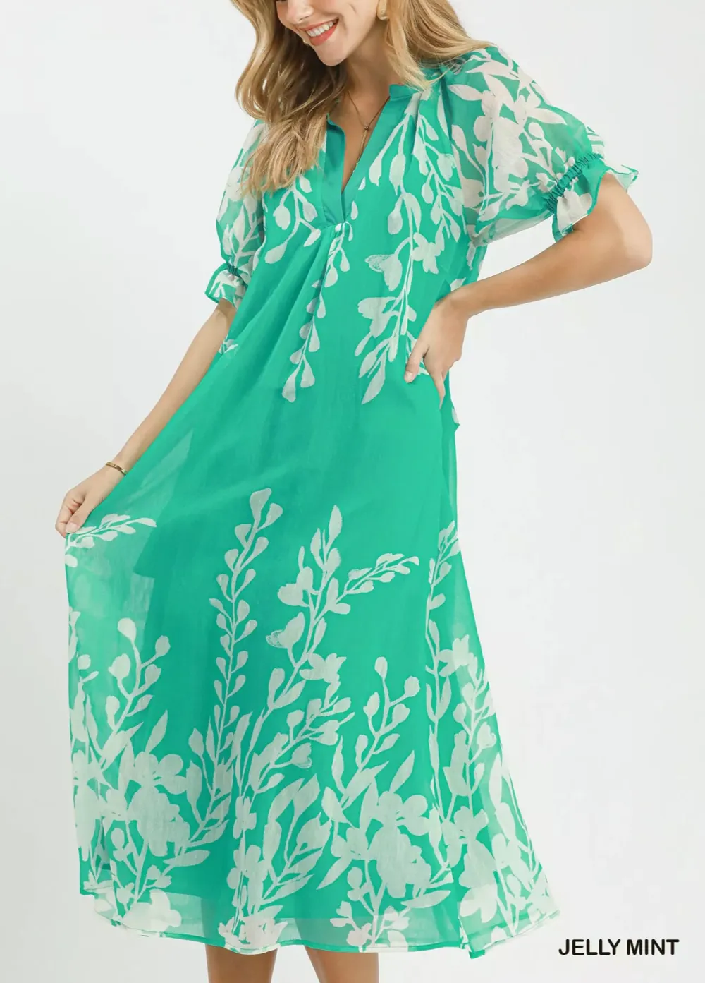 Floral Print V-Neck Puff Sleeve Belted Midi Dress
