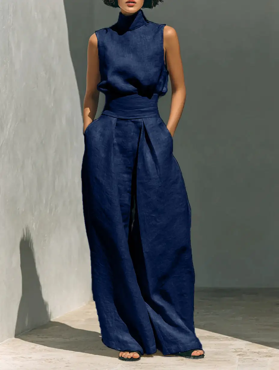 Classic Wide-Leg Sleeveless Linen Women's Matching Set