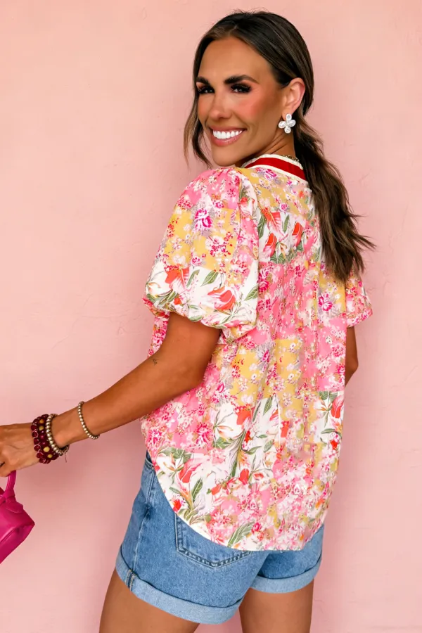 Pink Contrast Collared V Neck Blouse