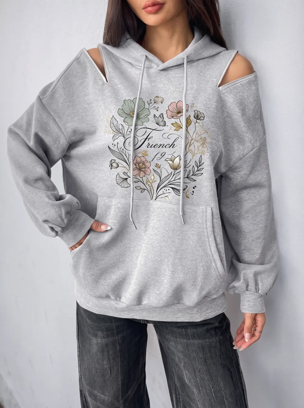 Women's French Floral Butterfly Printed Cold Shoulder Hoodie