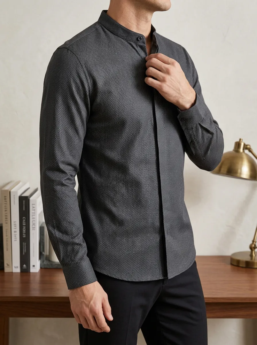 Men's Refined Micro-Dot Long Sleeve Mandarin Collar Slim Fit Shirt
