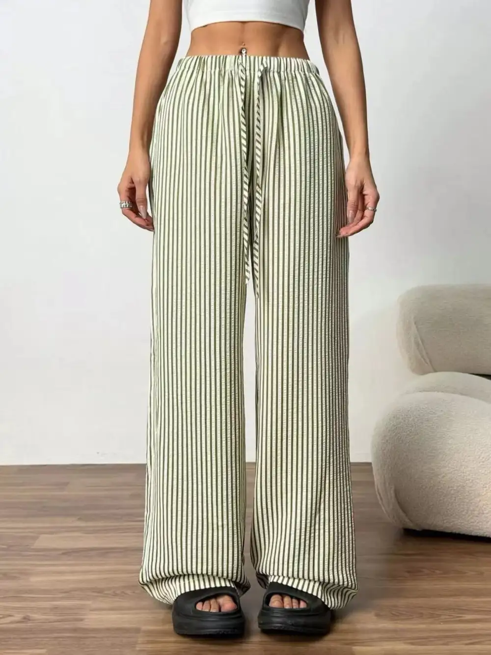 Wide Leg Drawstring Striped Pocketed Pants